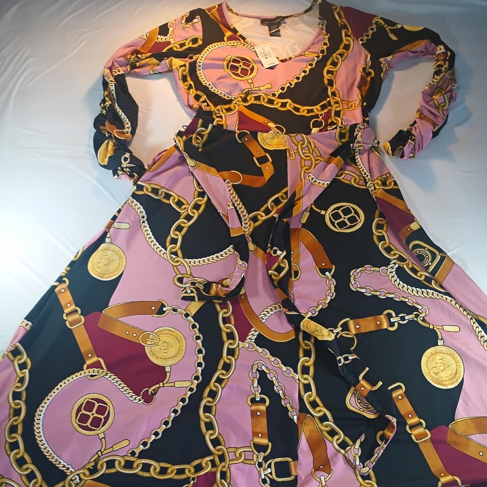 Ashley Stewart Pink and Black Chain Print Women Maxi Dress Plus Size 14/16